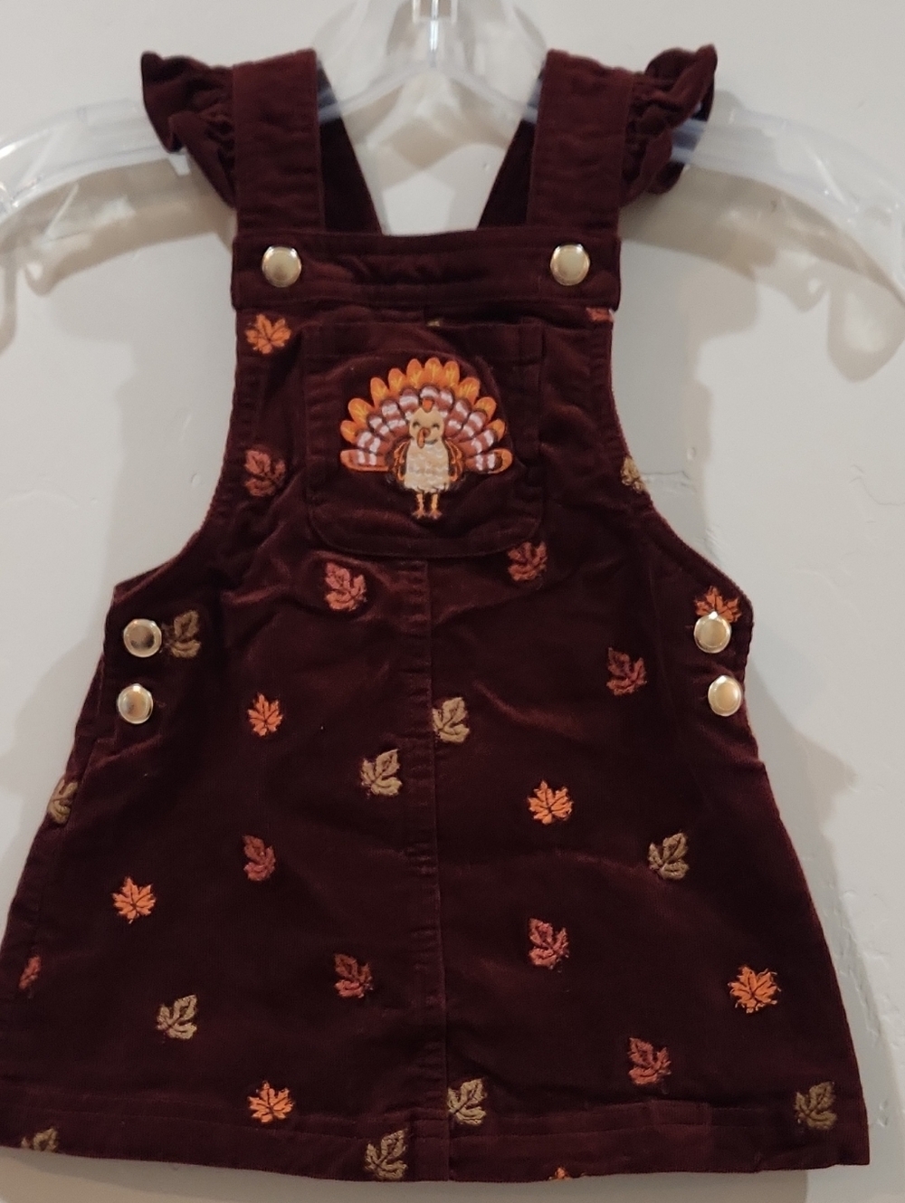 Cynthia Rowley Girls Burgundy Corduroy Overall Dress with Turkey Embroidery